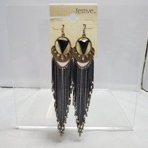 Festive Bohemian fashion black gold tassel fish hook earring